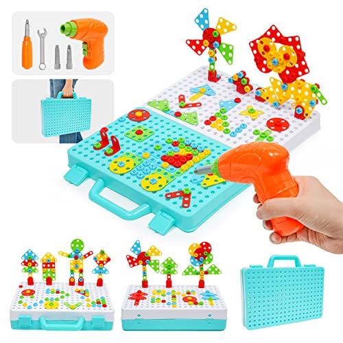 Electric Drill Toy Set 316pcs 4 in 1 Creative Puzzles Assembly DIY Toy Construction Building Toy with Electric Drill Screwdriver Peg Board Mosaic Toy Educational Toy for Kids Boys Girls (316pcs)