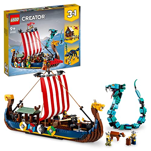 LEGO 31132 Creator 3 in 1 Viking Ship and the Midgard Serpent, Toy Boat and Snake to House or Wolf Figure Building Set, Birthday Gifts for Kids, Boys and Girls, Multicolour