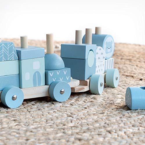 Navaris Wooden Toy Stacking Train - Pull-Along Building Block 20-Piece Train Set Made from Solid Wood - For 18M+ Toddlers, Kids, Boys, Girls - Blue