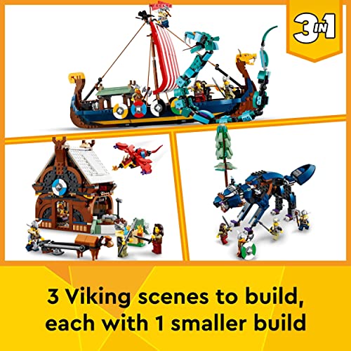 LEGO 31132 Creator 3 in 1 Viking Ship and the Midgard Serpent, Toy Boat and Snake to House or Wolf Figure Building Set, Birthday Gifts for Kids, Boys and Girls, Multicolour