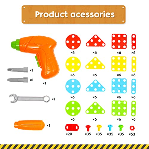 Electric Drill Toy Set 316pcs 4 in 1 Creative Puzzles Assembly DIY Toy Construction Building Toy with Electric Drill Screwdriver Peg Board Mosaic Toy Educational Toy for Kids Boys Girls (316pcs)