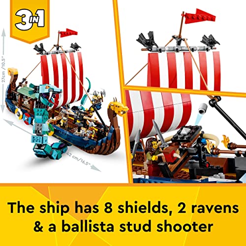 LEGO 31132 Creator 3 in 1 Viking Ship and the Midgard Serpent, Toy Boat and Snake to House or Wolf Figure Building Set, Birthday Gifts for Kids, Boys and Girls, Multicolour