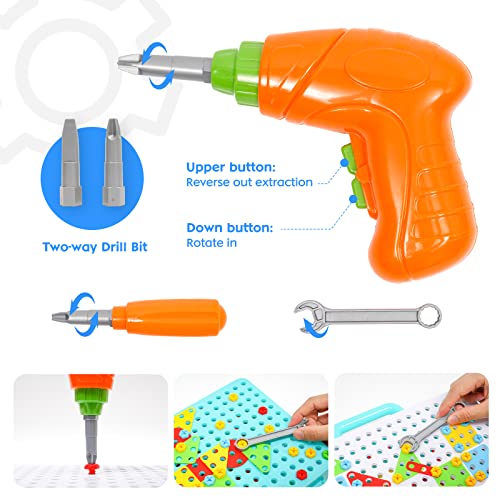 Electric Drill Toy Set 316pcs 4 in 1 Creative Puzzles Assembly DIY Toy Construction Building Toy with Electric Drill Screwdriver Peg Board Mosaic Toy Educational Toy for Kids Boys Girls (316pcs)