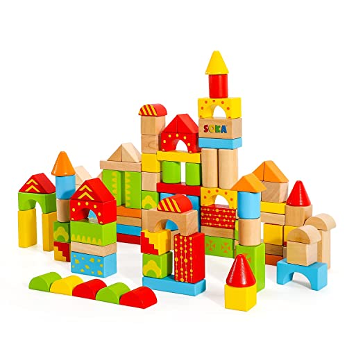 SOKA 100 pcs Wooden Building Blocks Colorful Shape Bricks Construction Developmental Stacking Sensory Toy Set for Kids Toddlers Children Boy Girl Ages 12 Months+