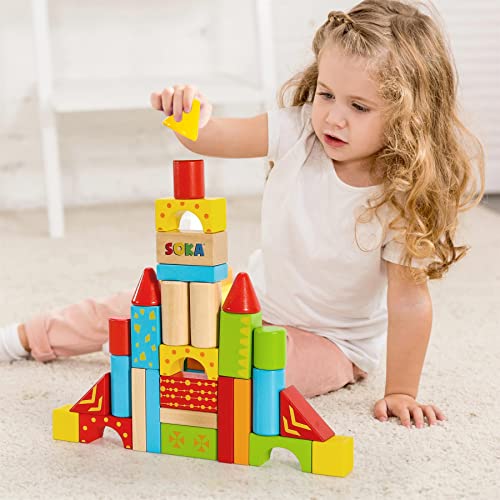 SOKA 100 pcs Wooden Building Blocks Colorful Shape Bricks Construction Developmental Stacking Sensory Toy Set for Kids Toddlers Children Boy Girl Ages 12 Months+