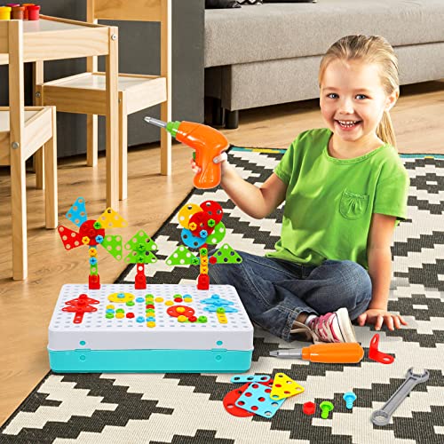 Electric Drill Toy Set 316pcs 4 in 1 Creative Puzzles Assembly DIY Toy Construction Building Toy with Electric Drill Screwdriver Peg Board Mosaic Toy Educational Toy for Kids Boys Girls (316pcs)