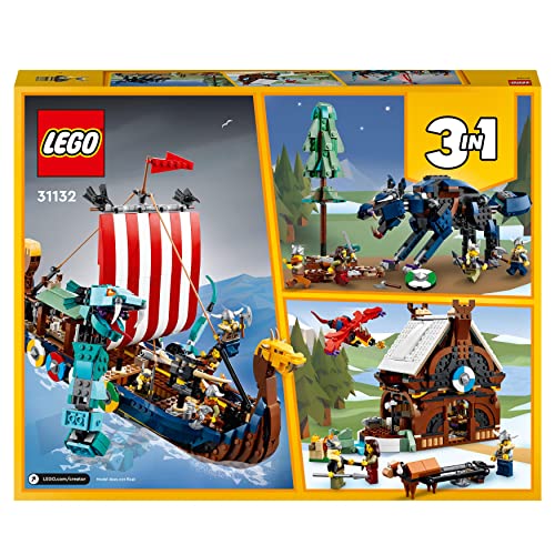LEGO 31132 Creator 3 in 1 Viking Ship and the Midgard Serpent, Toy Boat and Snake to House or Wolf Figure Building Set, Birthday Gifts for Kids, Boys and Girls, Multicolour