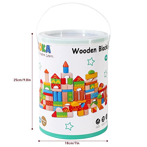 SOKA 100 pcs Wooden Building Blocks Colorful Shape Bricks Construction Developmental Stacking Sensory Toy Set for Kids Toddlers Children Boy Girl Ages 12 Months+