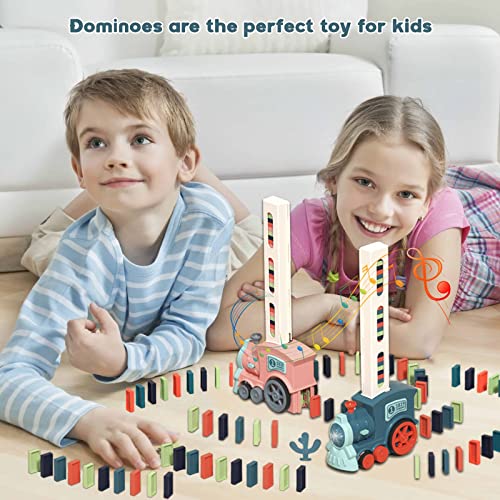 Pipihome Domino Train Toy, 120PCS Domino Train Blocks Set Automatic Domino Laying Electric Train with Sound, Kids Building and Stacking Train Dominoes Game Toys Gifts for Boys Girls