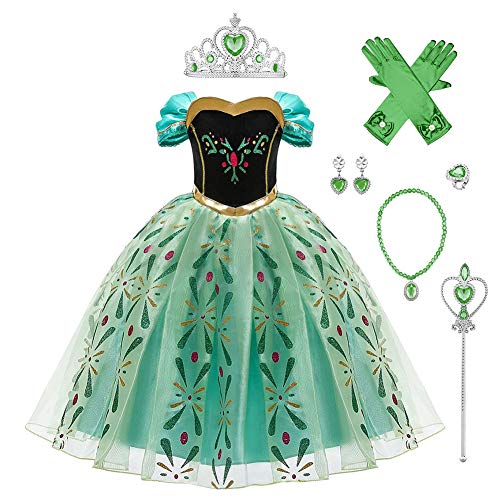 FYMNSI Girl Anna Costume Frozen Princess Fancy Dress Up Ice Snow Queen Halloween Party Costume Festival Christmas Carnival Cosplay Green Tulle Tutu Long Dress with Accessories Photo Props 4-5 Years