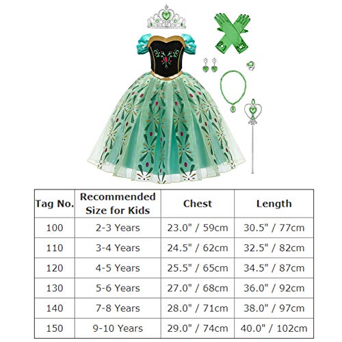 FYMNSI Girl Anna Costume Frozen Princess Fancy Dress Up Ice Snow Queen Halloween Party Costume Festival Christmas Carnival Cosplay Green Tulle Tutu Long Dress with Accessories Photo Props 4-5 Years