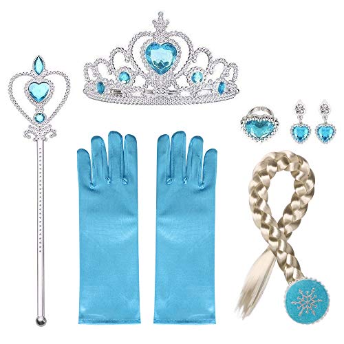 URAQT Ice Princess Elsa Dress Up Accessories Set, Include Elsa Crown, Wand, Gloves, Wig, and Earring, Princess Dress Up for Girls