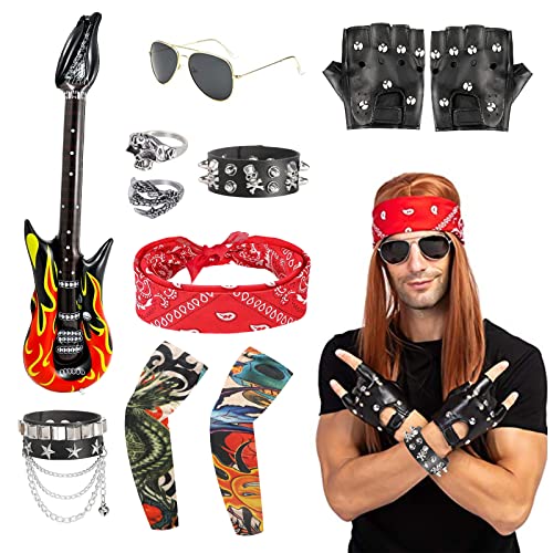 FASBET 11Pcs Rock Star Heavy Metal Set for Men Kids, includes 1 glasses 2 sleeves 2 rings 2 bracelets 2 gloves 1 inflatable guitar 1 headband, Disco Rock Star Fancy Dress Kids Boys and Girls Costume