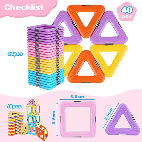 OSDUE 40PCS Magnetic Tile Educational Toys, Magnetic Building Blocks Toy Sets, Kids Learning Development Construction Set, Learning & Development Building Blocks Toys Gift for 3-7 Year Old Boys Girls