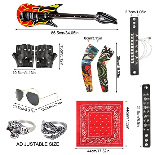 FASBET 11Pcs Rock Star Heavy Metal Set for Men Kids, includes 1 glasses 2 sleeves 2 rings 2 bracelets 2 gloves 1 inflatable guitar 1 headband, Disco Rock Star Fancy Dress Kids Boys and Girls Costume