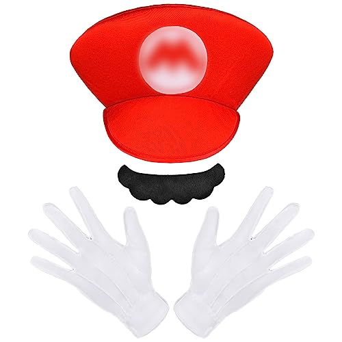 Aomig Mario Costumes, 3 Pack Mario Cosplay Costume Accessories Kits for Women Men Kid, Mario and Luigi Hats Cap Mustaches White Gloves Fancy Dress Up for Mario Party Carnival Costume (Red)