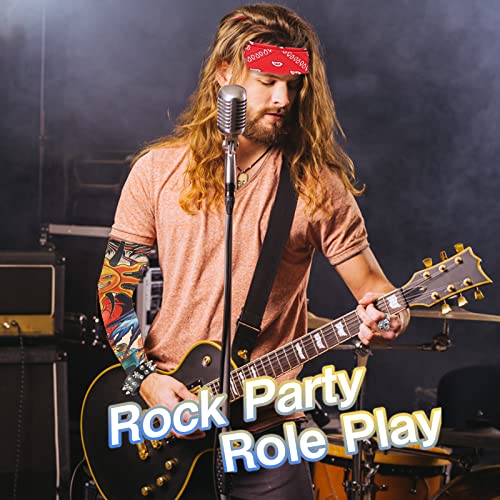 FASBET 11Pcs Rock Star Heavy Metal Set for Men Kids, includes 1 glasses 2 sleeves 2 rings 2 bracelets 2 gloves 1 inflatable guitar 1 headband, Disco Rock Star Fancy Dress Kids Boys and Girls Costume