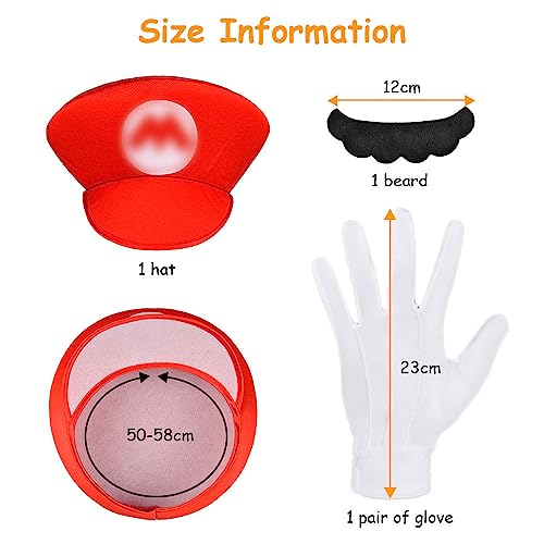 Aomig Mario Costumes, 3 Pack Mario Cosplay Costume Accessories Kits for Women Men Kid, Mario and Luigi Hats Cap Mustaches White Gloves Fancy Dress Up for Mario Party Carnival Costume (Red)