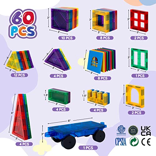 VegCow 60pcs Magnetic Tiles Set - 3D Magnetic Building Blocks, Educational Construction Magnet Toys for Kids - Children Magnet Construction Toy for Boys Girls