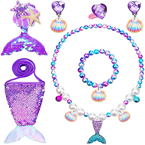 Jiosdo Mermaid Jewellery Set for Girls kids, Kids jewellery Sets for Little Girls, Children Jewelry Sets Include Handbag Necklace Bracelets, Princess Costume Play Pretend Dress Up Party Favors