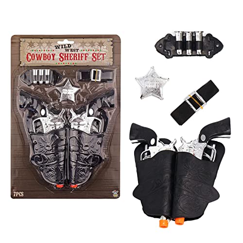 Wild Wild West Cowboy Sheriff Twin Gun Dress Up Set Complete with Holster Belt with Two Toy Guns, Bullets and Badge, Kids Pretend Role Play Fancy Dress Playset (10 Piece Wild West Cowboy Set)