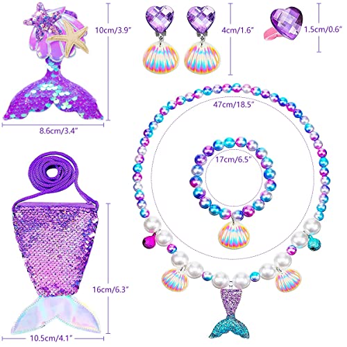 Jiosdo Mermaid Jewellery Set for Girls kids, Kids jewellery Sets for Little Girls, Children Jewelry Sets Include Handbag Necklace Bracelets, Princess Costume Play Pretend Dress Up Party Favors