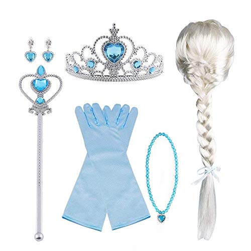 Vicloon Elsa Dress Up Accessories Set, 8 Pcs Princess Costumes Set From Tiara, Gloves, Magic Wand, Upgrade Princess Braid with Hoop, Necklace, Earring for 3-9 Years
