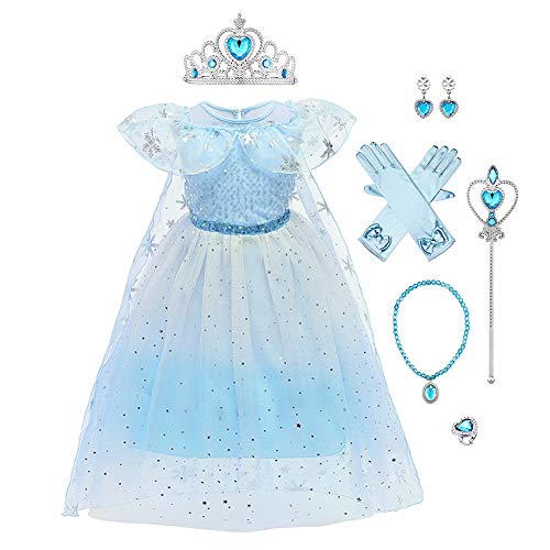 IWEMEK 7PCS Girls Frozen Elsa Costume with Accessories Princess Dress Up Cosplay Ice Snow Queen Fancy Dress Kids Halloween Party Christmas Carnival Costumes Outfits Blue 01 Set 5-6 Years