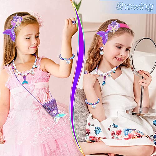 Jiosdo Mermaid Jewellery Set for Girls kids, Kids jewellery Sets for Little Girls, Children Jewelry Sets Include Handbag Necklace Bracelets, Princess Costume Play Pretend Dress Up Party Favors