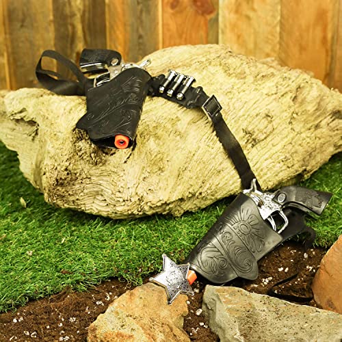 Wild Wild West Cowboy Sheriff Twin Gun Dress Up Set Complete with Holster Belt with Two Toy Guns, Bullets and Badge, Kids Pretend Role Play Fancy Dress Playset (10 Piece Wild West Cowboy Set)