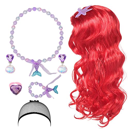 LOOPES 7Pcs Mermaid Costume Set,Princess Red Long Curly Wig Hair with Mermaid Themed Jewellery Accessories Dress Up Gifts for Kids Girls Cosplay Halloween Masquerade World Book Day Birthday Party