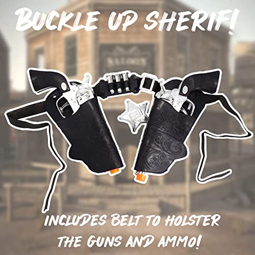Wild Wild West Cowboy Sheriff Twin Gun Dress Up Set Complete with Holster Belt with Two Toy Guns, Bullets and Badge, Kids Pretend Role Play Fancy Dress Playset (10 Piece Wild West Cowboy Set)