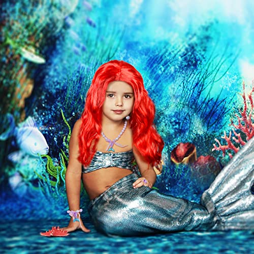 LOOPES 7Pcs Mermaid Costume Set,Princess Red Long Curly Wig Hair with Mermaid Themed Jewellery Accessories Dress Up Gifts for Kids Girls Cosplay Halloween Masquerade World Book Day Birthday Party