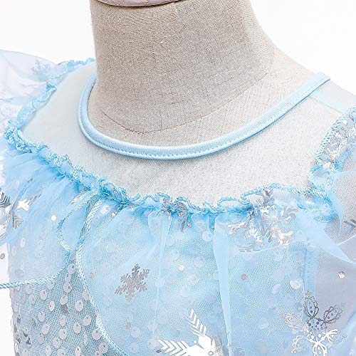IWEMEK 7PCS Girls Frozen Elsa Costume with Accessories Princess Dress Up Cosplay Ice Snow Queen Fancy Dress Kids Halloween Party Christmas Carnival Costumes Outfits Blue 01 Set 5-6 Years