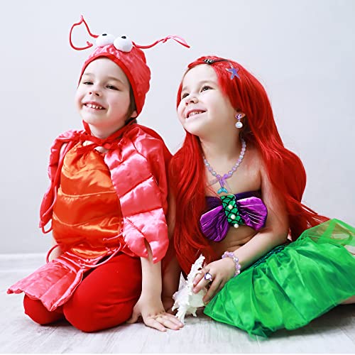 LOOPES 7Pcs Mermaid Costume Set,Princess Red Long Curly Wig Hair with Mermaid Themed Jewellery Accessories Dress Up Gifts for Kids Girls Cosplay Halloween Masquerade World Book Day Birthday Party