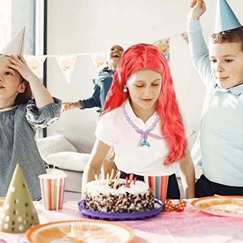 LOOPES 7Pcs Mermaid Costume Set,Princess Red Long Curly Wig Hair with Mermaid Themed Jewellery Accessories Dress Up Gifts for Kids Girls Cosplay Halloween Masquerade World Book Day Birthday Party