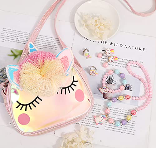 Hifot Unicorn Crossbody Bag Purse with Jewelry Set Little Girls, Unicorn Princess Necklace Bracelet Rings Earrings Handbag Accessories, Jewelry Party Favors Gift Dress Up