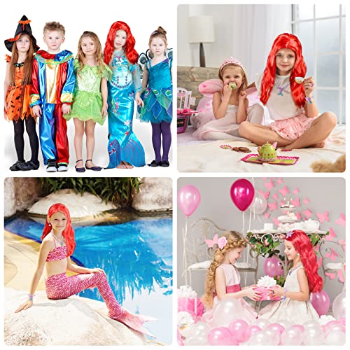 LOOPES 7Pcs Mermaid Costume Set,Princess Red Long Curly Wig Hair with Mermaid Themed Jewellery Accessories Dress Up Gifts for Kids Girls Cosplay Halloween Masquerade World Book Day Birthday Party