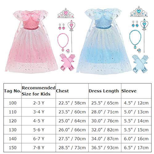 IWEMEK 7PCS Girls Frozen Elsa Costume with Accessories Princess Dress Up Cosplay Ice Snow Queen Fancy Dress Kids Halloween Party Christmas Carnival Costumes Outfits Blue 01 Set 5-6 Years