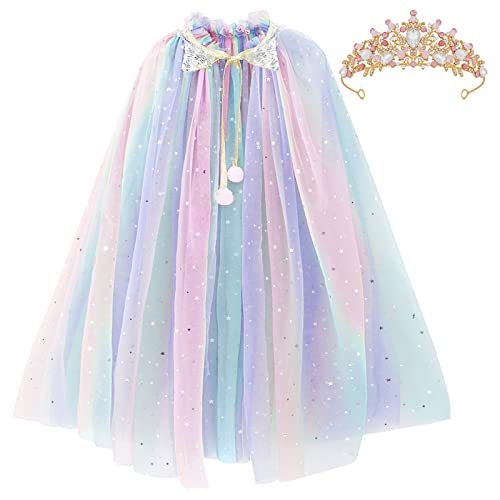 PHOGARY Princess Cape Colorful Princess Cloak, Princess Fancy Dress Halloween Costume Sparkling Sequins Tulle Carnival Birthday Party Cosplay Princess Dress Up with Princess Crown for Girls （Style B）
