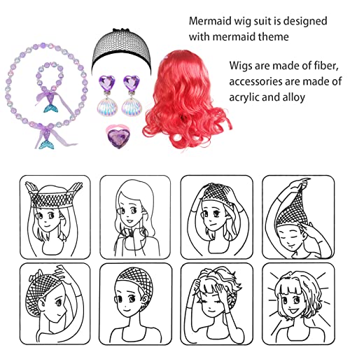 LOOPES 7Pcs Mermaid Costume Set,Princess Red Long Curly Wig Hair with Mermaid Themed Jewellery Accessories Dress Up Gifts for Kids Girls Cosplay Halloween Masquerade World Book Day Birthday Party