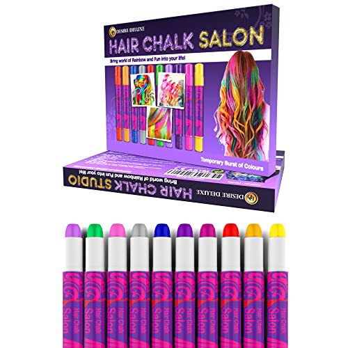 Desire Deluxe Hair Chalk Gift for Girls - 10 Temporary Non-Toxic Easy Washable Hair Dye Colourful, Metallic, Glitter Pens - Great Games Birthday Girls