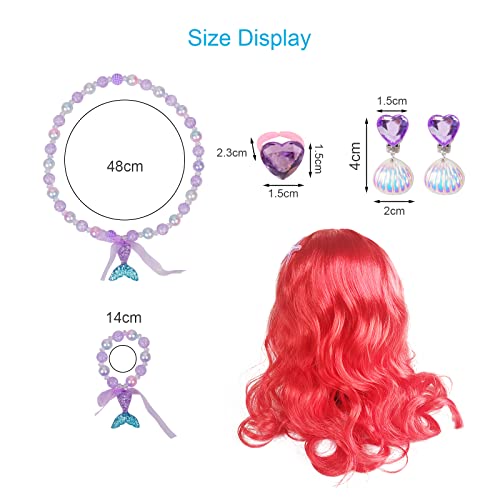 LOOPES 7Pcs Mermaid Costume Set,Princess Red Long Curly Wig Hair with Mermaid Themed Jewellery Accessories Dress Up Gifts for Kids Girls Cosplay Halloween Masquerade World Book Day Birthday Party