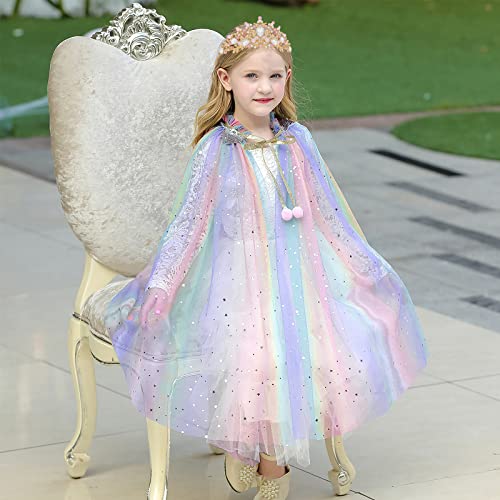 PHOGARY Princess Cape Colorful Princess Cloak, Princess Fancy Dress Halloween Costume Sparkling Sequins Tulle Carnival Birthday Party Cosplay Princess Dress Up with Princess Crown for Girls （Style B）