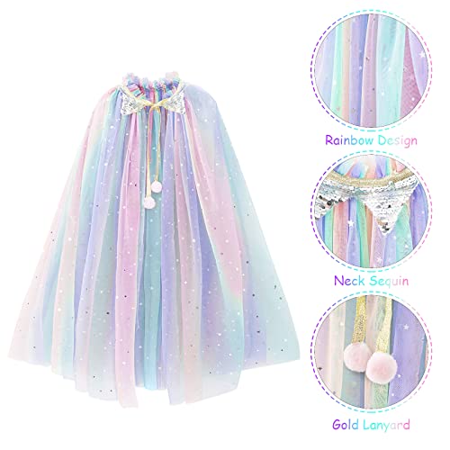 PHOGARY Princess Cape Colorful Princess Cloak, Princess Fancy Dress Halloween Costume Sparkling Sequins Tulle Carnival Birthday Party Cosplay Princess Dress Up with Princess Crown for Girls （Style B）