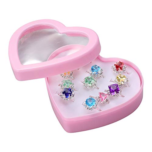 Toyvian 12PCS Little Girl Adjustable Rings in Box Children Kids Pretend Play and Dress up Rings(Mixed Styles)