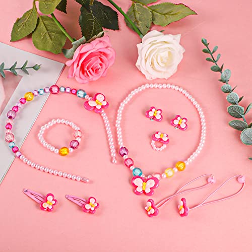 Kids Jewelry Kit Little Girls Bracelet Necklace Ring Hair Clips Clip-on Earring Set Dress up Jewelry Party Favors Pretend Play for Little Girls