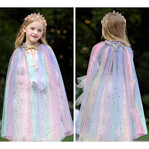 PHOGARY Princess Cape Colorful Princess Cloak, Princess Fancy Dress Halloween Costume Sparkling Sequins Tulle Carnival Birthday Party Cosplay Princess Dress Up with Princess Crown for Girls （Style B）