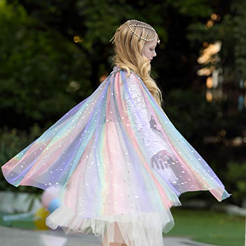 PHOGARY Princess Cape Colorful Princess Cloak, Princess Fancy Dress Halloween Costume Sparkling Sequins Tulle Carnival Birthday Party Cosplay Princess Dress Up with Princess Crown for Girls （Style B）
