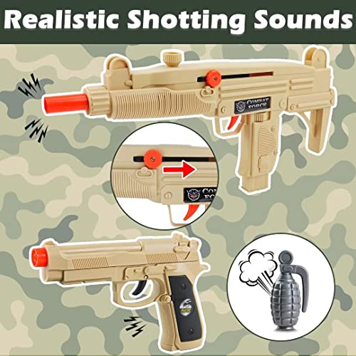 deAO Military Soldier Camouflage Desert War Costume Set with Helmet, Toy Shotgun, Grenades, Accessories and Storage Backpack - Great for Kids